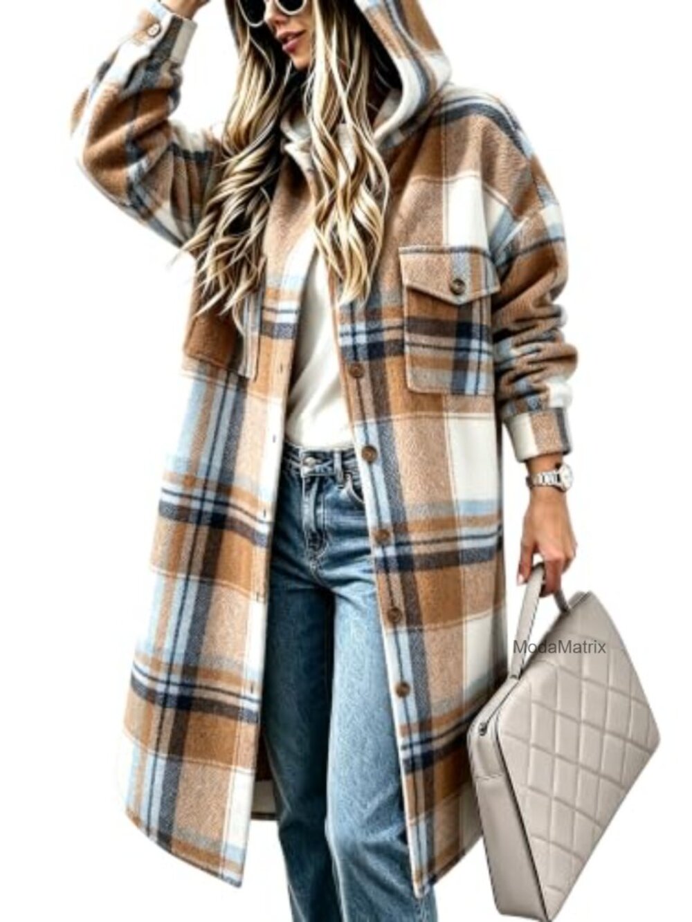 Oversized Plaid Flannel Hooded Shacket Button Front Casual Jacket